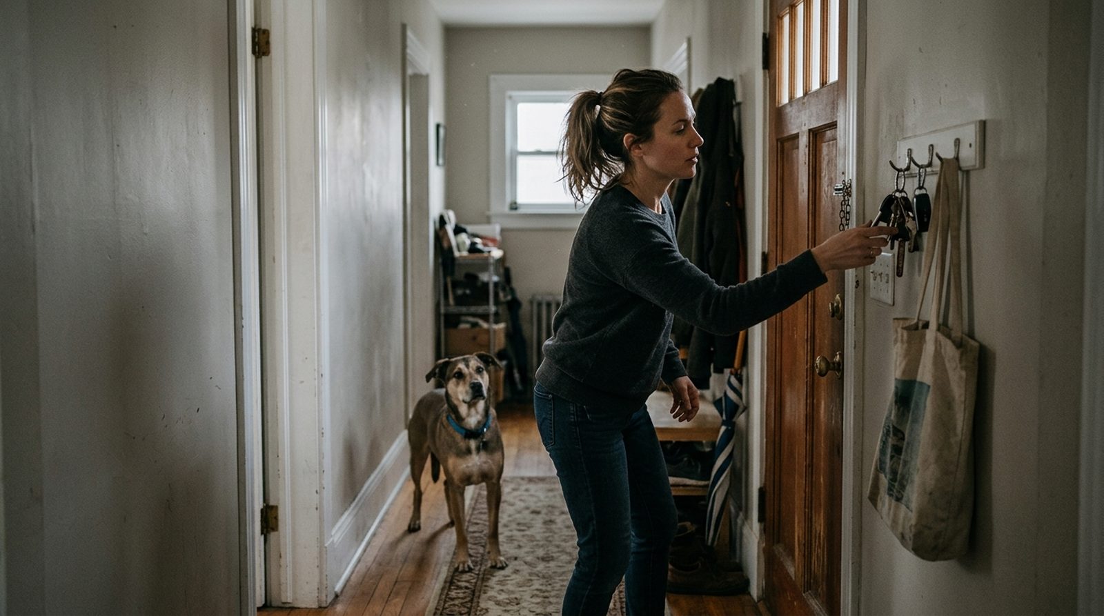 An owner lifting keys from a hook by the front door while her dog watches from the hallway.