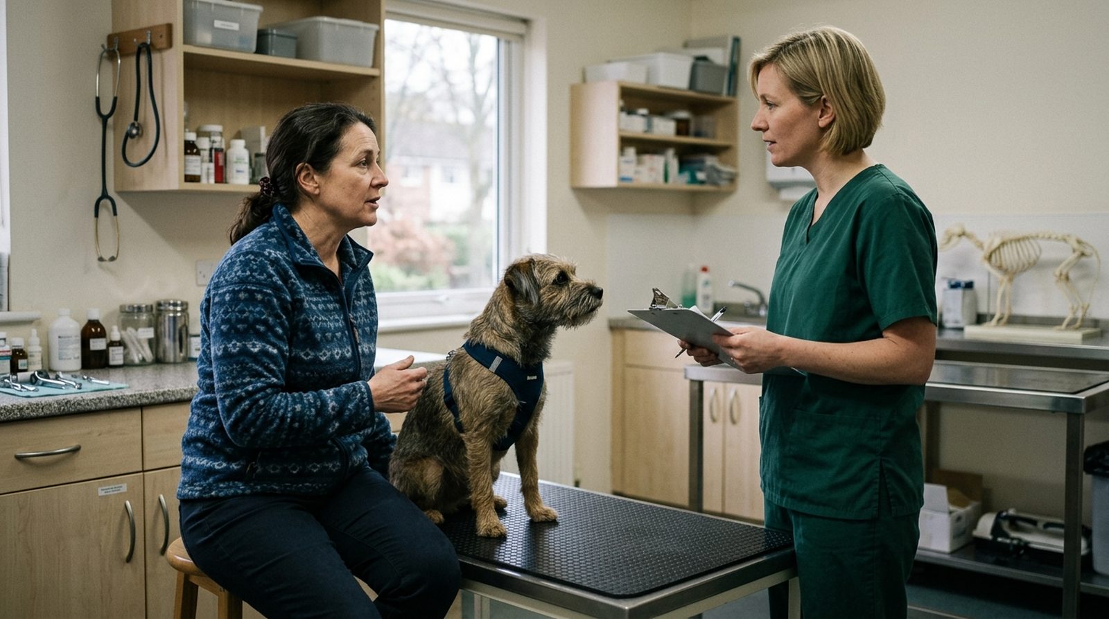 A dog on an examination table with its owner and a vet in a consulting room.
